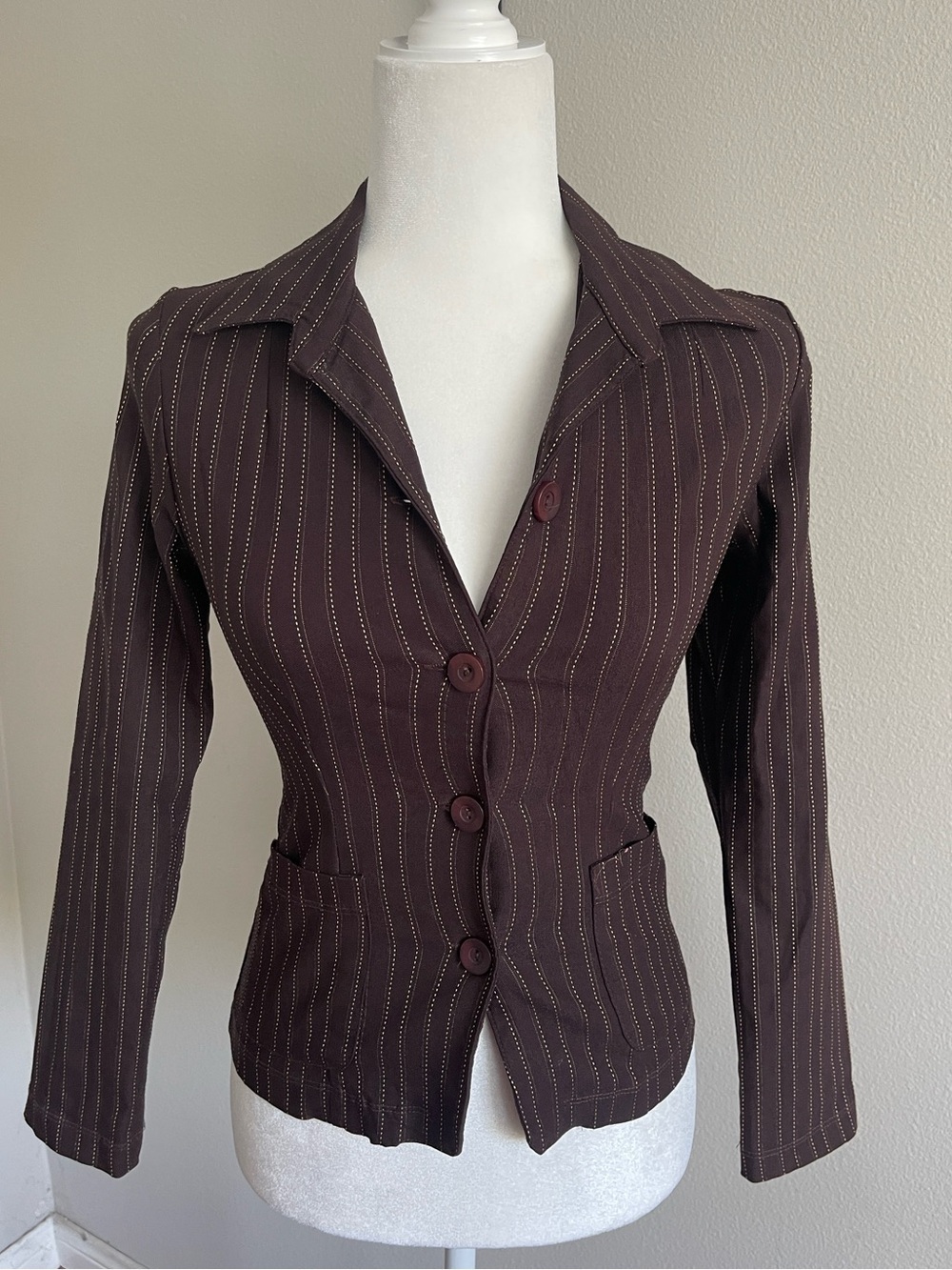 Women's Brown Pinstripe Fitted Blazer Jacket Size M